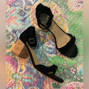 Marc Fisher. 7 1/2 Black Suede Sandal. 2 1/2 inch cork heel.